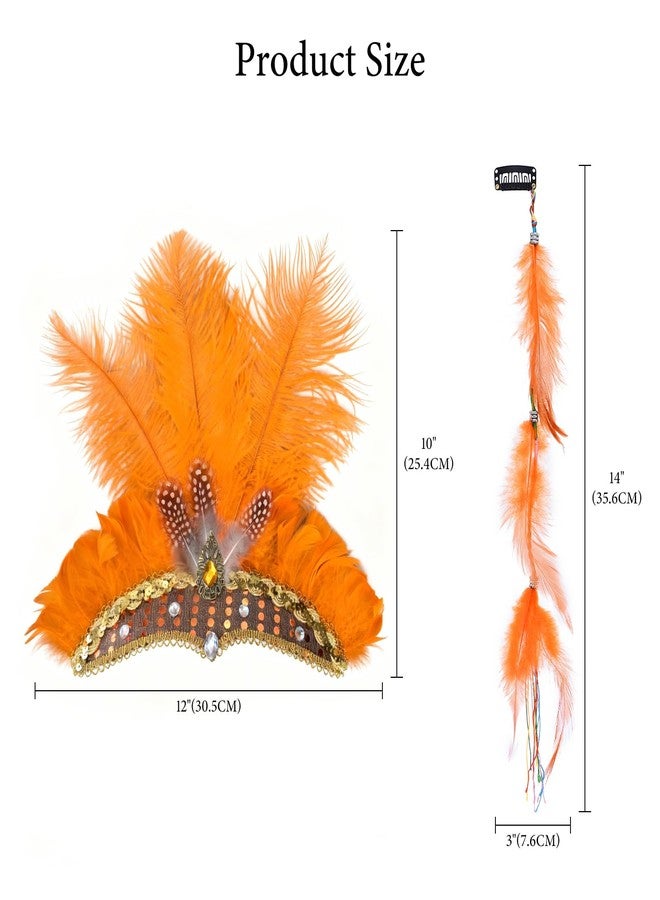 Frstem Showgirl Headpiece Orange 10x10 Inch Headband with 3x14 Inch Feather Hair Accessory Fit for Carnival Stage Performance Dance Party and Festive Events - Image 2